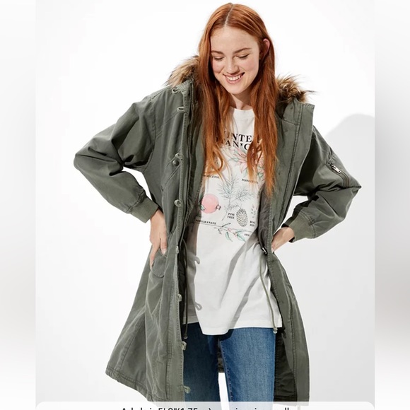 American Eagle AE Fur Hooded Parka Army Green Oversized SZ XS NWT $120 - Picture 1 of 11